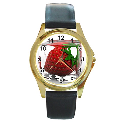 Strawberry Ice cube Round Gold Metal Watch from ZippyPress Front