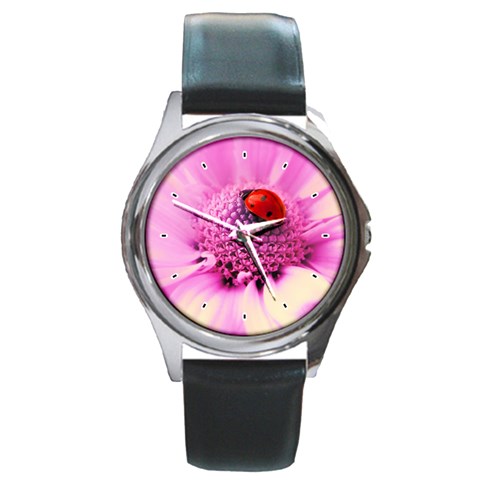Ladybug On a Flower Round Metal Watch from ZippyPress Front