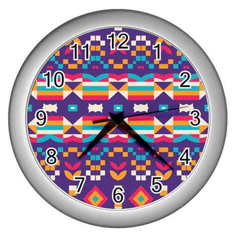 Pastel shapes rows on a purple background                                                                   Wall Clock (Silver) from ZippyPress Front
