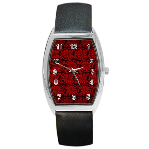Red Floral Pattern Floral Greek Ornaments Barrel Style Metal Watch from ZippyPress Front