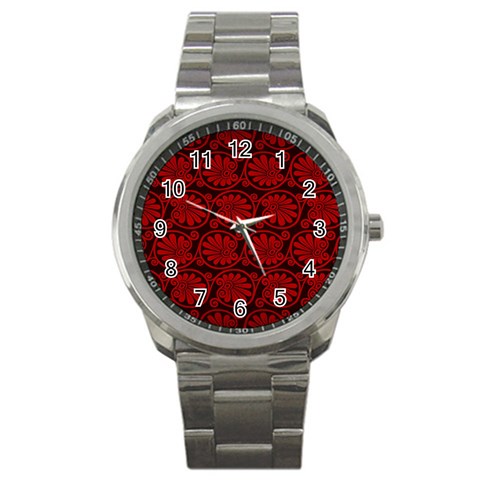 Red Floral Pattern Floral Greek Ornaments Sport Metal Watch from ZippyPress Front