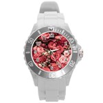 Pink Roses Flowers Love Nature Round Plastic Sport Watch (L)