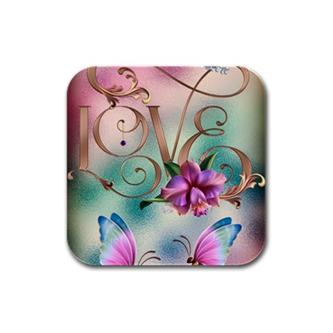 Love Amour Butterfly Colors Flowers Text Rubber Square Coaster (4 pack) from ZippyPress Front