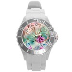 Love Amour Butterfly Colors Flowers Text Round Plastic Sport Watch (L)