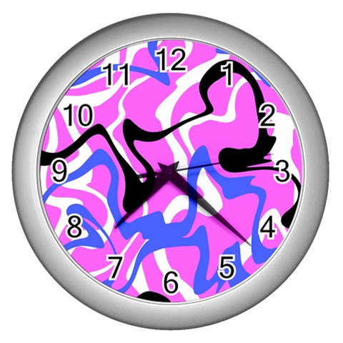 Swirl Pink White Blue Black Wall Clock (Silver) from ZippyPress Front
