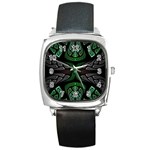 Fractal Green Black 3d Art Floral Pattern Square Metal Watch