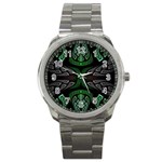 Fractal Green Black 3d Art Floral Pattern Sport Metal Watch