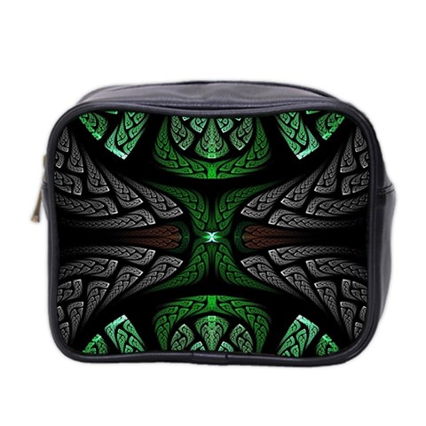 Fractal Green Black 3d Art Floral Pattern Mini Toiletries Bag (Two Sides) from ZippyPress Front