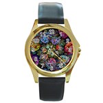 Floral Fractal 3d Art Pattern Round Gold Metal Watch