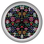 Mexican Folk Art Seamless Pattern Wall Clock (Silver)