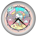 Boy Astronaut Cotton Candy Childhood Fantasy Tale Literature Planet Universe Kawaii Nature Cute Clou Wall Clock (Silver)