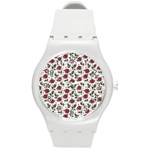 Roses Flowers Leaves Pattern Scrapbook Paper Floral Background Round Plastic Sport Watch (M)