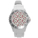 Roses Flowers Leaves Pattern Scrapbook Paper Floral Background Round Plastic Sport Watch (L)