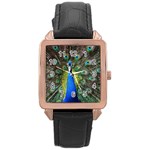 Peacock Bird Feathers Pheasant Nature Animal Texture Pattern Rose Gold Leather Watch 