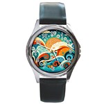Waves Ocean Sea Abstract Whimsical Abstract Art Pattern Abstract Pattern Nature Water Seascape Round Metal Watch