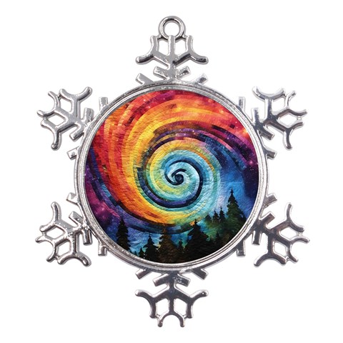 Cosmic Rainbow Quilt Artistic Swirl Spiral Forest Silhouette Fantasy Metal Large Snowflake Ornament from ZippyPress Front