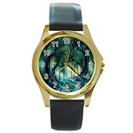 Trees Forest Mystical Forest Background Landscape Nature Round Gold Metal Watch