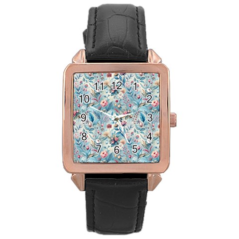 Floral Background Wallpaper Flowers Bouquet Leaves Herbarium Seamless Flora Bloom Rose Gold Leather Watch  from ZippyPress Front