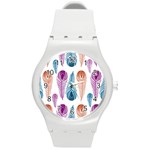 Pen Peacock Colors Colored Pattern Round Plastic Sport Watch (M)