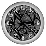 Leaves Flora Black White Nature Wall Clock (Silver)
