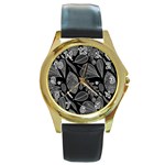 Leaves Flora Black White Nature Round Gold Metal Watch