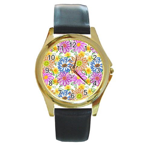 Bloom Flora Pattern Printing Round Gold Metal Watch from ZippyPress Front