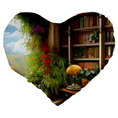 Room Interior Library Books Bookshelves Reading Literature Study Fiction Old Manor Book Nook Reading Large 19  Premium Flano Heart Shape Cushions from ZippyPress Back