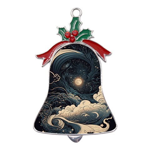 Starry Sky Moon Space Cosmic Galaxy Nature Art Clouds Art Nouveau Abstract Metal Holly Leaf Bell Ornament from ZippyPress Front