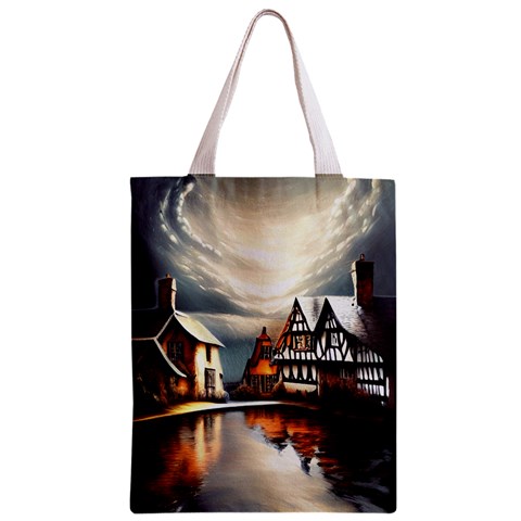 Village Reflections Snow Sky Dramatic Town House Cottages Pond Lake City Zipper Classic Tote Bag from ZippyPress Front