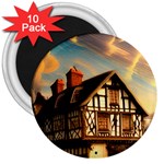 Village House Cottage Medieval Timber Tudor Split timber Frame Architecture Town Twilight Chimney 3  Magnets (10 pack) 