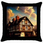 Village House Cottage Medieval Timber Tudor Split timber Frame Architecture Town Twilight Chimney Throw Pillow Case (Black)