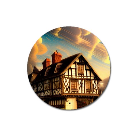 Village House Cottage Medieval Timber Tudor Split timber Frame Architecture Town Twilight Chimney Magnet 3  (Round) from ZippyPress Front