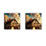 Village House Cottage Medieval Timber Tudor Split timber Frame Architecture Town Twilight Chimney Cufflinks (Square)