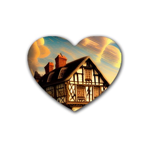 Village House Cottage Medieval Timber Tudor Split timber Frame Architecture Town Twilight Chimney Rubber Heart Coaster (4 pack) from ZippyPress Front