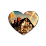 Village House Cottage Medieval Timber Tudor Split timber Frame Architecture Town Twilight Chimney Rubber Heart Coaster (4 pack)