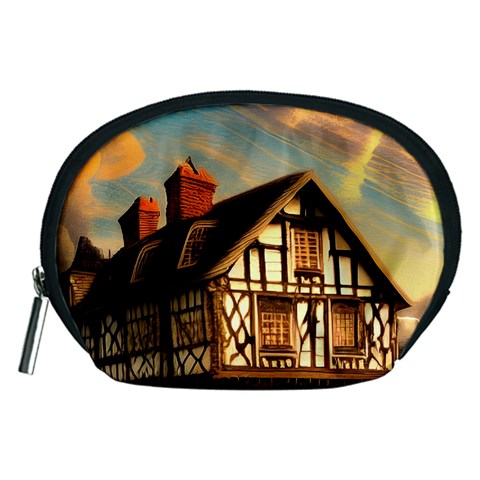 Village House Cottage Medieval Timber Tudor Split timber Frame Architecture Town Twilight Chimney Accessory Pouch (Medium) from ZippyPress Front