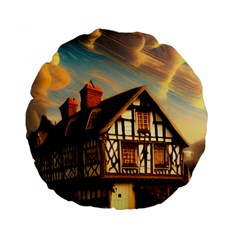 Village House Cottage Medieval Timber Tudor Split timber Frame Architecture Town Twilight Chimney Standard 15  Premium Flano Round Cushions from ZippyPress Back