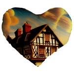 Village House Cottage Medieval Timber Tudor Split timber Frame Architecture Town Twilight Chimney Large 19  Premium Flano Heart Shape Cushions