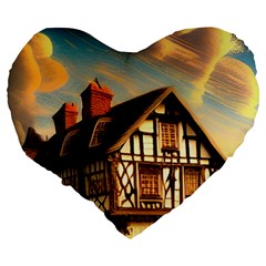 Village House Cottage Medieval Timber Tudor Split timber Frame Architecture Town Twilight Chimney Large 19  Premium Flano Heart Shape Cushions from ZippyPress Back