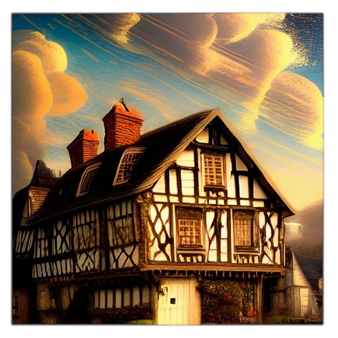 Village House Cottage Medieval Timber Tudor Split timber Frame Architecture Town Twilight Chimney Square Satin Scarf (36  x 36 ) from ZippyPress Front