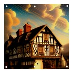 Village House Cottage Medieval Timber Tudor Split timber Frame Architecture Town Twilight Chimney Banner and Sign 3  x 3 