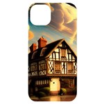 Village House Cottage Medieval Timber Tudor Split timber Frame Architecture Town Twilight Chimney iPhone 14 Plus Black UV Print Case