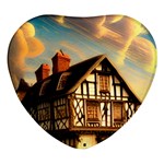 Village House Cottage Medieval Timber Tudor Split timber Frame Architecture Town Twilight Chimney Heart Glass Fridge Magnet (4 pack)