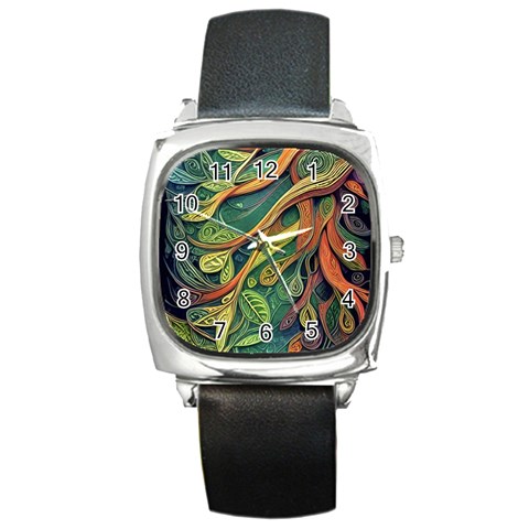 Outdoors Night Setting Scene Forest Woods Light Moonlight Nature Wilderness Leaves Branches Abstract Square Metal Watch from ZippyPress Front