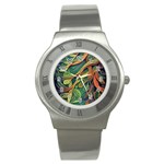 Outdoors Night Setting Scene Forest Woods Light Moonlight Nature Wilderness Leaves Branches Abstract Stainless Steel Watch
