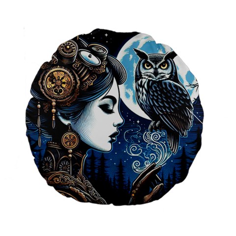 Steampunk Woman With Owl 2 Steampunk Woman With Owl Woman With Owl Strap Standard 15  Premium Round Cushions from ZippyPress Front