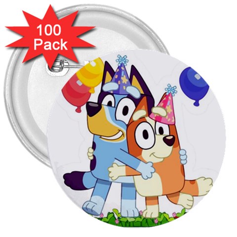 Bluey birthday 3  Buttons (100 pack)  from ZippyPress Front