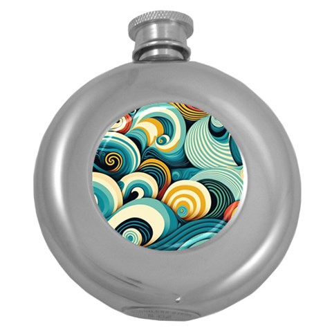 Wave Waves Ocean Sea Abstract Whimsical Round Hip Flask (5 oz) from ZippyPress Front