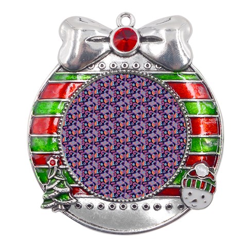 Trippy Cool Pattern Metal X Mas Ribbon With Red Crystal Round Ornament from ZippyPress Front