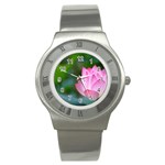 Red Pink Flower Stainless Steel Watch